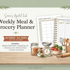 May include: A Weekly Meal & Grocery Planner digital hub document featuring a meal plan grid and a spiral-bound shopping list. Illustrations include a kitchen scale, glass jars with grains, a bowl of vegetables, a rolling pin, and lemons.