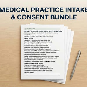 Könnte beinhalten: Ein Stapel weißer Papierformulare mit dem Titel Medical Practice Intake & Consent Bundle, die Felder für Patientenregistrierung, Klinikdetails und Primärversorgung enthalten, begleitet von einem silbernen Stift.