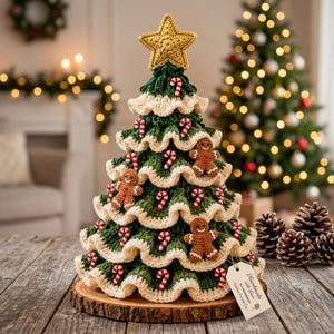 May include: A crocheted Christmas tree with dark green tiered ruffles edged in cream, topped with a gold star. It is decorated with small gingerbread men and red and white candy canes. A tag reads Handmade with Love Festive Forest Co.