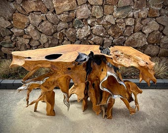 Sculptural Teak Root Console Table with Silver-Tone Metal Details