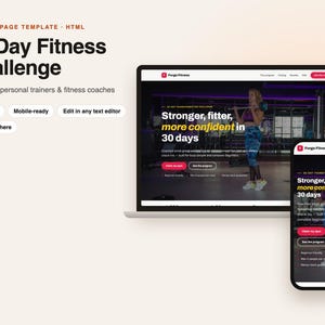 May include: A landing page template for a 30-Day Fitness Challenge displayed on a laptop and smartphone. The design features bold text, fitness imagery, and buttons for gyms and trainers. The layout is mobile-ready and requires no coding.