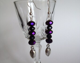 Purple Black Faceted Glass Beaded Football Earrings