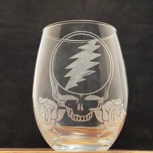 Grateful Dead | Steal Your Face | Stealie Rose | Frosted Stemless Wine Glass