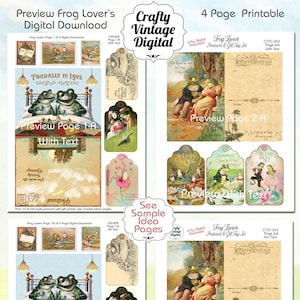 Frog Lovers 4 páginas Digital Download Set, Printable Birthday, Romantic Cards, Gift Pockets, Gift Tags, B&B, Vintage Toads