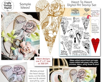 Heart to Heart Vintage Valentine Digital Art PNG Love Stamp Set