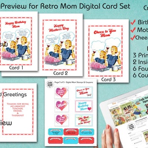 Funny Retro Wine Mom Digital Card Set for Birthday, Mother’s Day and Blank to Personalize, Includes Ticket Coupons