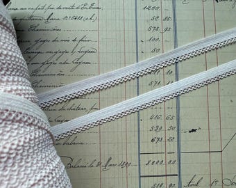 May include: Close-up of white lace trim and a roll of matching fabric. The lace features a delicate scalloped edge. The background is an aged ledger with handwritten text and numbers, adding a vintage aesthetic.