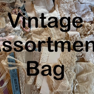 Antike Vintage Sortiment Tasche - Schnürsenkel, Borte, Off-Cuts, handgefertigte Häkelarbeit, Stoff- & Kleidungsreste - LESEN SIE BESCHREIBUNG