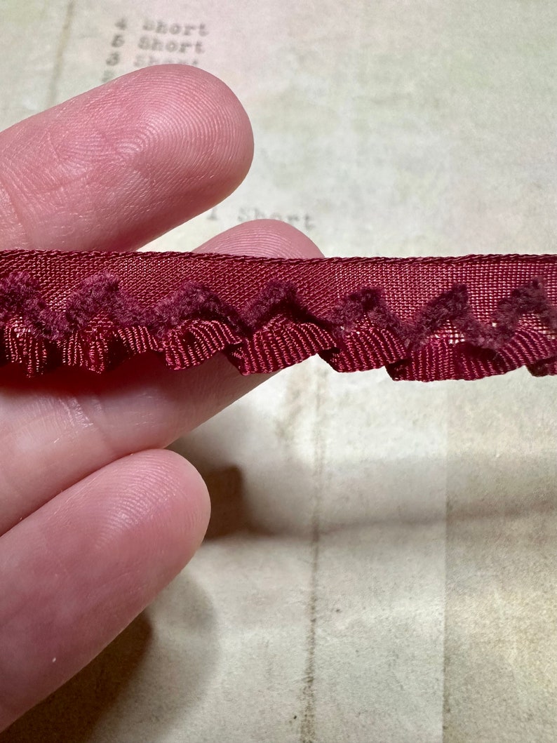 Rare Antique Ribbon Ruched Garnet Red Silk & Chenille Ribbonwork 3/8 Width Authentic 1/2 or Full Yard image 4