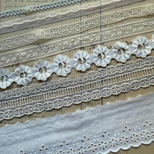 Kit de encaje francés vintage: 7 yardas de borde de encaje antiguo y vintage: blanco roto, neutros, rosa pastel y azul