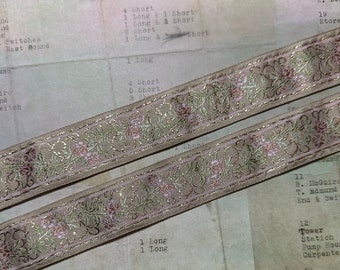 1 Yard Vintage Soft French Off White Ombre Pink Green Floral Gold Ribbon Trim - 1 3/16” width