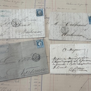 Quatro livros-razão/cartas francesas antigas e autênticas, escritas à mão, dobradas - Papel delicado francês - Antiguidade vintage original para diários de sucata