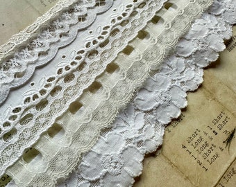 Vintage French Sampler Lace Kit - 7 Yards of Vintage Lace Trim - Off White Cream - Cotton, Nylon - Made In Calais France