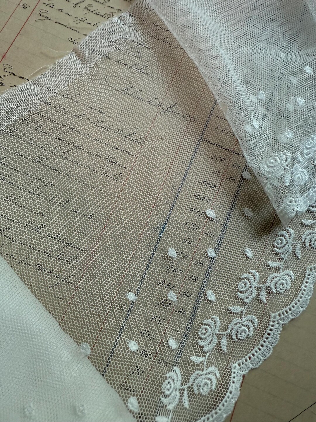 White Spanish Floral Wide Netting Lace - 100% Cotton - 6 11/16” Width ...