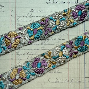 1 mètre de large bordure florale métallique antique française rare - magnifique rayonne de soie et bordures en métal - 1 3/16" de largeur - fabriqué en France - années 1920