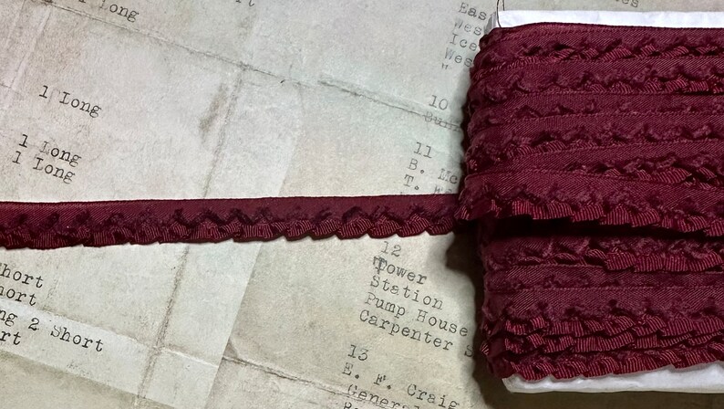 Rare Antique Ribbon Ruched Garnet Red Silk & Chenille Ribbonwork 3/8 Width Authentic 1/2 or Full Yard image 1