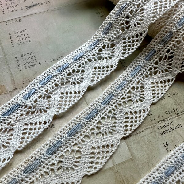 1 1/2” Vintage Unique Cream & Gorgeous Light Blue Crochet Lace Trim - 1 Yard