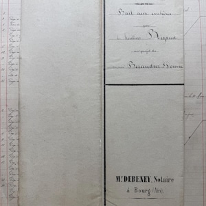 May include: A vintage off-white paper document with handwritten French text and black printed details. The document features the text "Bail aux enchères", "Me DEBENEY, Notaire", and "à Bourg (Ain)", presented in a formal, structured layout.