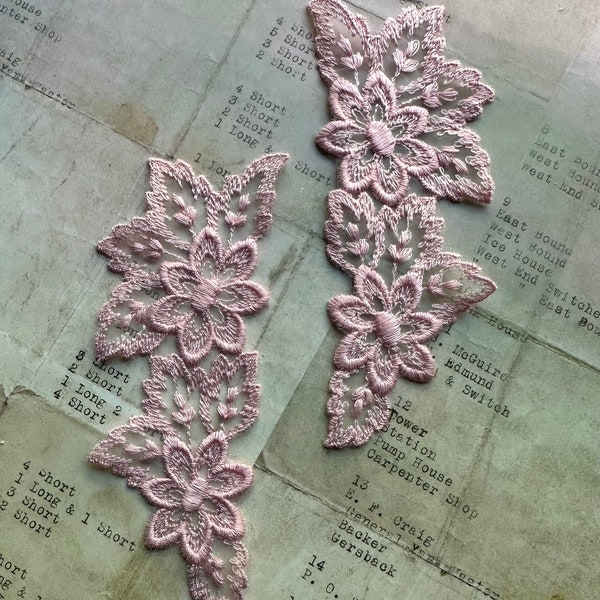 Pink Vintage Floral Appliqués Pair - Imported from France - Approx 2 1/2” in width 5 1/4” in height