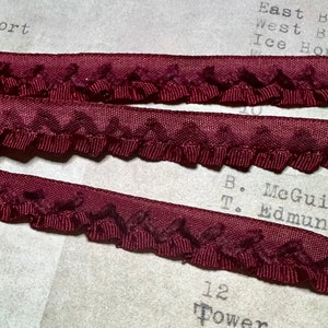 Rare Antique Ribbon Ruched Garnet Red Silk & Chenille Ribbonwork 3/8 Width Authentic 1/2 or Full Yard image 3