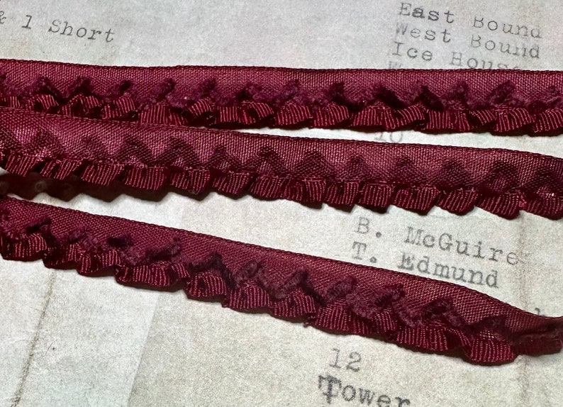 Rare Antique Ribbon Ruched Garnet Red Silk & Chenille Ribbonwork 3/8 Width Authentic 1/2 or Full Yard image 3