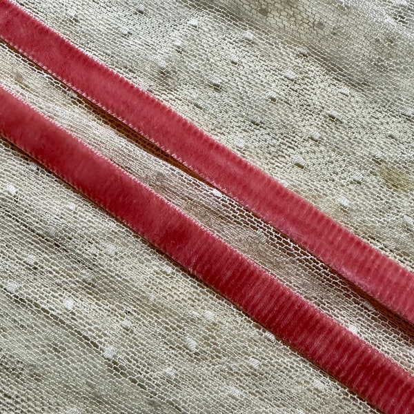 1 Yard 3/8” Vintage Soft Coral Pink Ribbed Velvet Rayon Ribbon