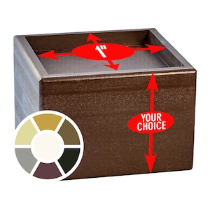 May include: A brown square furniture riser featuring a 1-inch recessed top area and a vertical side height labeled as your choice. A circular color palette graphic is overlaid in the bottom left corner, displaying six distinct neutral color options.