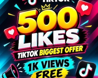 May include: A digital graphic featuring the TikTok logo and the text 500 LIKES, TIKTOK BIGGEST OFFER, and 1K VIEWS FREE. The design includes a megaphone icon, heart icons, and vibrant yellow, pink, and blue neon accents on a dark background.
