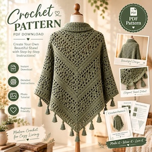 May include: An olive green crochet shawl pattern PDF download featuring a triangular shape with intricate openwork, a folded collar, and decorative tassels along the bottom edge. The text includes Crochet Pattern, PDF Download, and Modern Crochet for Cozy Living.