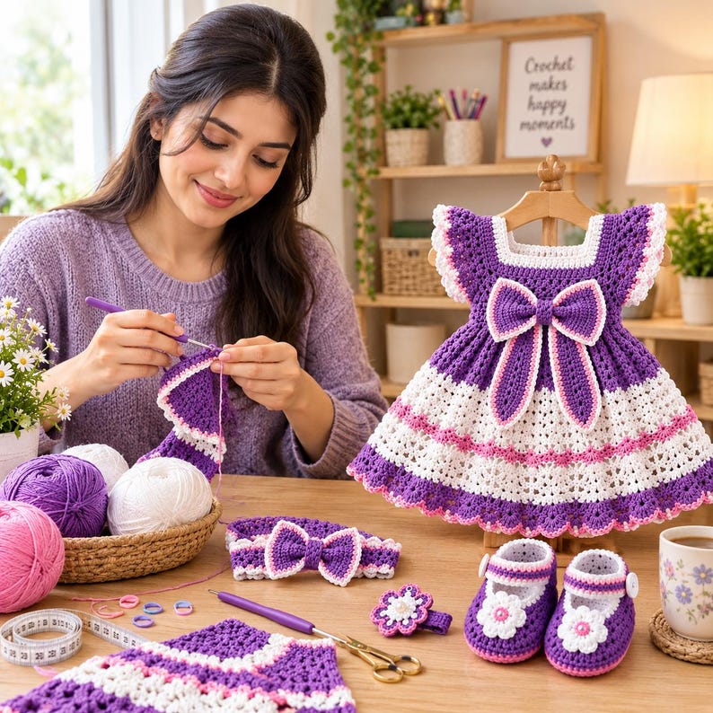 Crochet Baby Dress Pattern, Baby Girl Outfit Set With Matching Booties ...