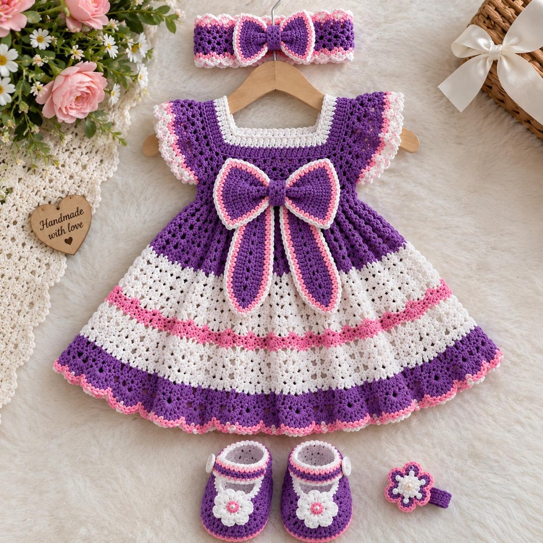 Crochet Baby Dress Pattern, Baby Girl Outfit Set With Matching Booties ...