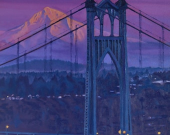 Washington State - Mount Hood - St John&#39;s Bridge - landmark - oil painting - purple - magenta - landscape - seascape - bridge - mountain