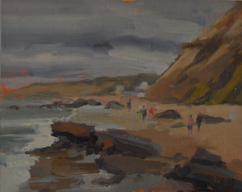 May include: A painting of a beach scene with a rocky shore, a cliff, and people walking along the beach. The sky is cloudy and gray.