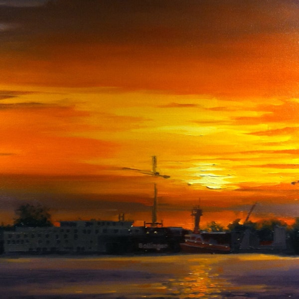 New Orleans - Mississippi - Sunrise - South - Original Oil Painting - Harbor View - Ports - Warm Colors - Orange - Cranes - Light - Water