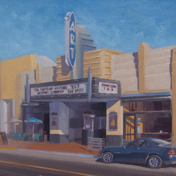 Theater - Vintage - Landscape - Original Oil Painting - Long Beach - California - Street Scene - Urban - Marquee - Antique - HIstoric  Retro