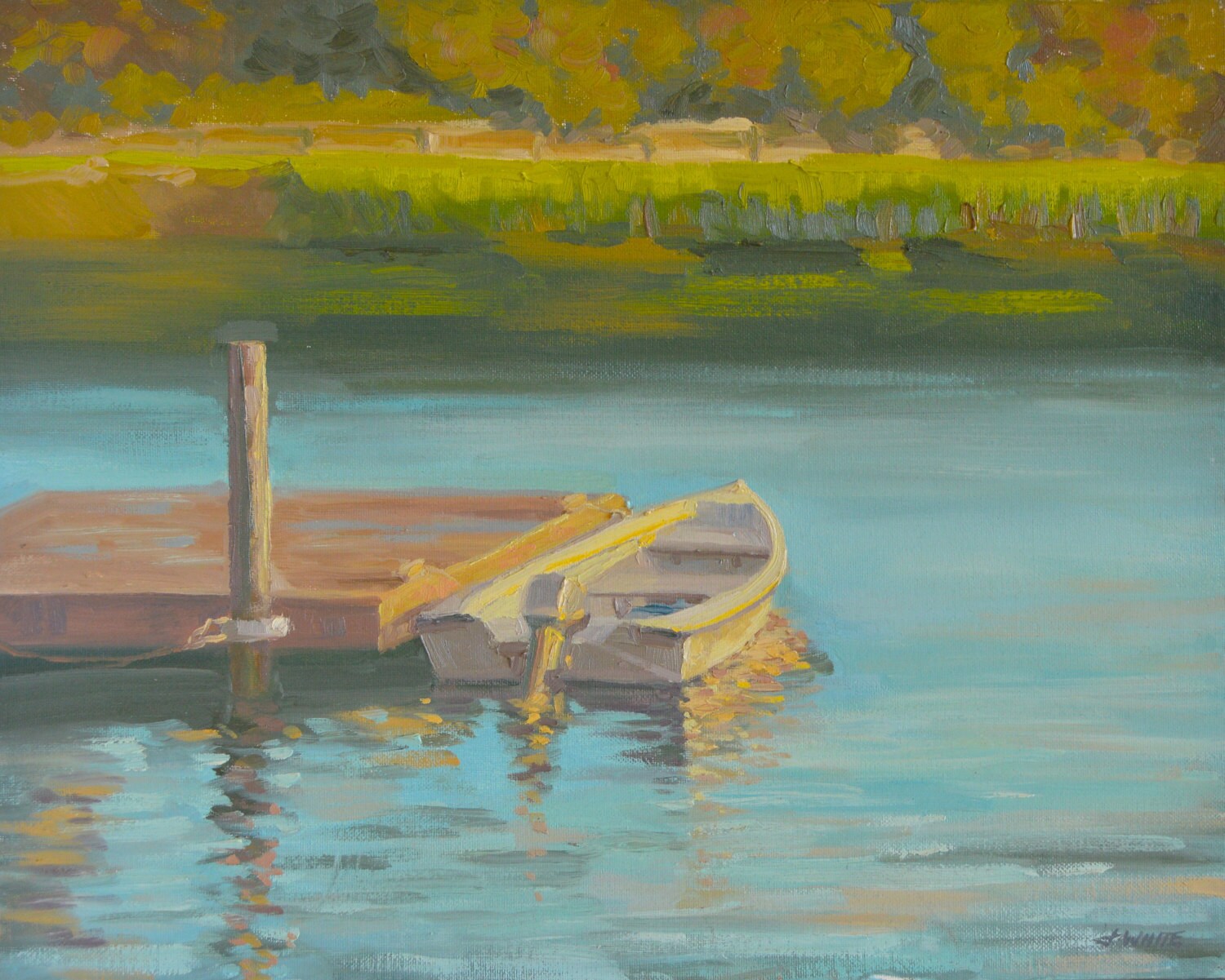 Sunset Beach Oil Painting Boat Dock Pier Water Etsy