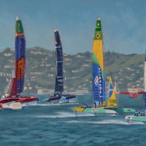 seascape - San Francisco Bay - sailing race - US Team - ocean - California - boats - oil painting - plein air