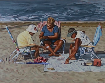 Card Game - Beach - Catalina Island - Oil Painting - Figurative - Pebbly Beach - Avalon - Friends - Poker - Beach Chairs - Coastal - Sea