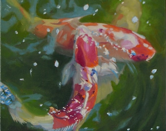 Koi - Fish - Wildlife - Oil Painting - Impressionism - Pond - 8x8 - Wrap Around Canvas - Seascape - Landscape - Movement - Colors - Swimmers