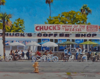 Long Beach - cafe - diner - restaurant - ocean view - beach cafe - Belmont Shore - oil painting - people eating - landscape -