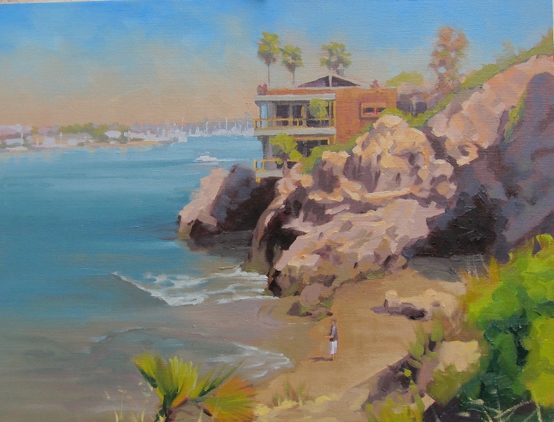 Newport Beach - Plein Air - Seascape - California - Coast - Coastline - Beach - Sea - Oil Painting - Rocks - Cliffs - Perch - Harbor - Bay image 1