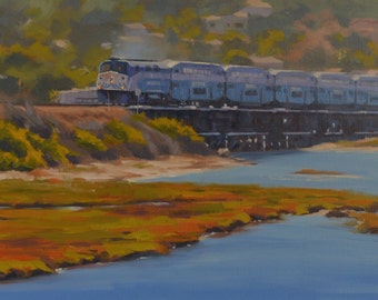 Train - Amtrak - Lagoon - Carlsbad - Plein Air - Landscape - Original Oil Painting - Water - Sea - Locomotive - Transportation - Caliifornia