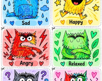 May include: A printable activity sheet titled Colour Monsters featuring six illustrated monsters in individual dashed-line boxes. Each monster represents an emotion: blue Sad, yellow Happy, red Angry, green Relaxed, gray Worry, and multicolored Mixed up.