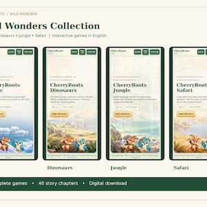 May include: A digital collection titled Wild Wonders featuring four interactive games: CherryRoots Arctic, Dinosaurs, Jungle, and Safari. Each game interface displays a character duo, adventure descriptions, and a Begin adventure button.
