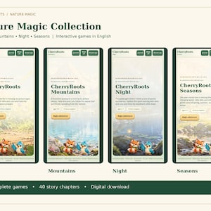 Könnte beinhalten: Vier digitale Spieloberflächen mit dem Titel CherryRoots Nature Magic Collection, die Bugs, Mountains, Night und Seasons zeigen. Jeder Bildschirm enthält einen Fuchs, einen Vogel, einen Begin adventure-Button und englischen Text.