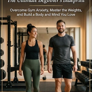 May include: A digital guide titled CONFIDENT AT THE GYM The Ultimate Beginner's Blueprint. The text includes Overcome Gym Anxiety, Master the Weights, and Build a Body and Mind You Love, plus Designed for Men & Women Complete Training & Advice.
