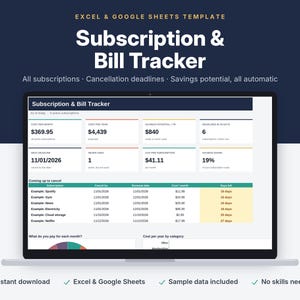 Könnte beinhalten: Eine digitale Vorlage zur Nachverfolgung von Abonnements und Rechnungen für Excel und Google Sheets auf einem Laptop-Bildschirm. Die Benutzeroberfläche enthält Datentabellen, zusammenfassende Kennzahlen und ein Tortendiagramm zur Kostenübersicht.