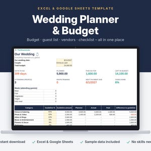 Könnte beinhalten: Eine digitale Hochzeitsplaner- und Budgetvorlage für Excel und Google Sheets auf einem Laptop-Bildschirm. Die Benutzeroberfläche zeigt Bereiche für Hochzeitsdatum, Gesamtbudget, Gästeanzahl, Zahlungsnachverfolgung und eine Ausgabentabelle.