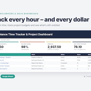 Könnte beinhalten: Eine digitale Zeiterfassungs- und Projekt-Dashboard-Oberfläche für Freiberufler mit Metriken zu Stunden, abrechenbarem Anteil, unbezahlten Beträgen und effektiven Sätzen. Die Tabelle listet Projekte, Kunden, Status, Stunden und Werte auf.