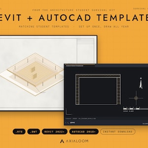 May include: Digital Revit and AutoCAD templates featuring an isometric architectural grid on a white background and a black technical drawing interface with a north arrow, scale bar, and command line text on an orange background.